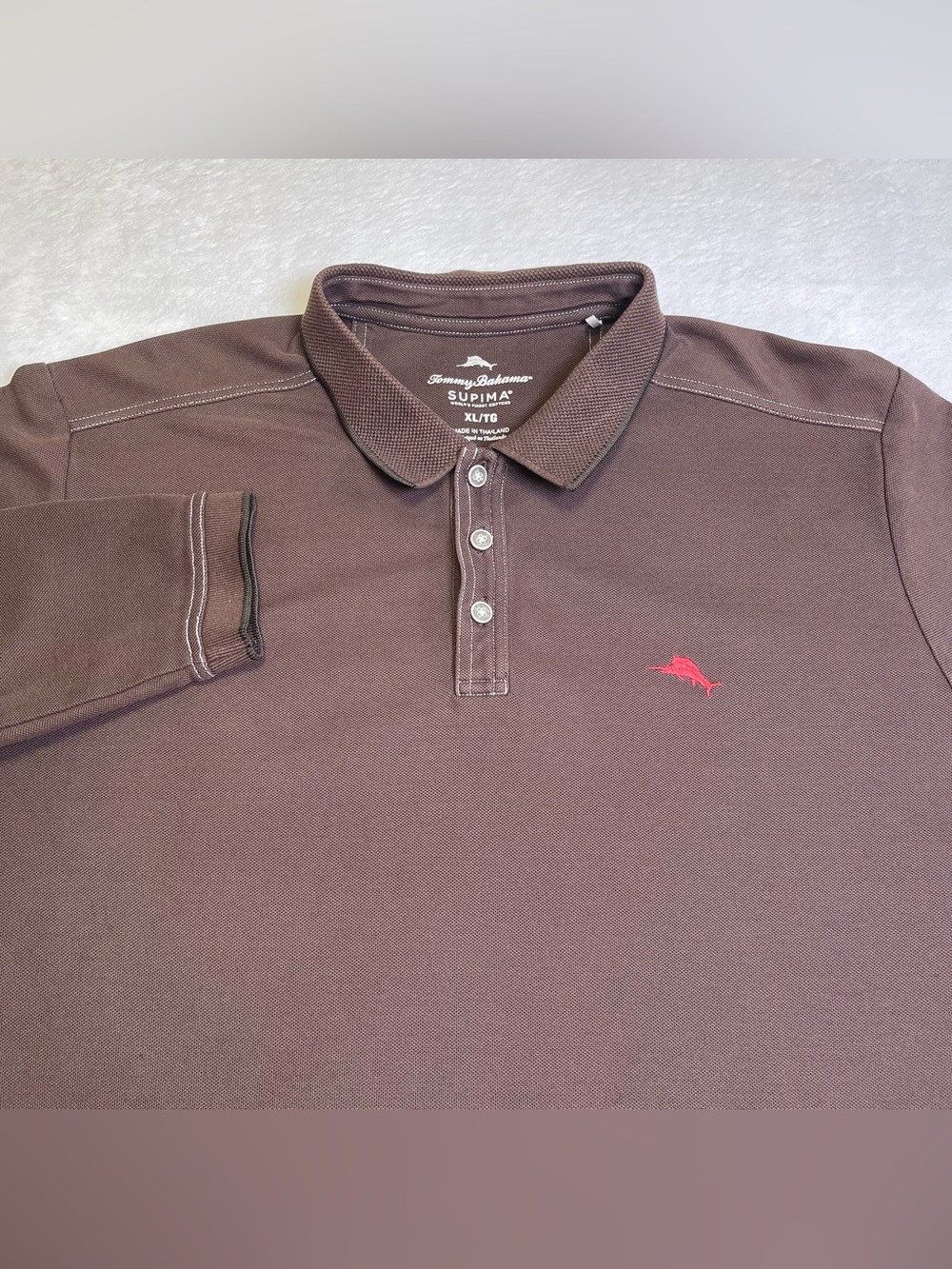 Tommy Bahama Supima Cotton Brown Long Sleeve Polo Shirt XL Red Marlin